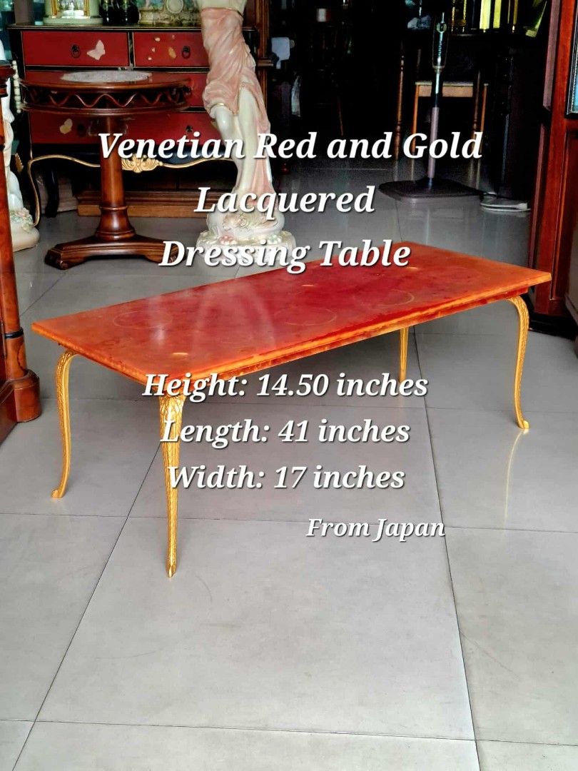 Venetian Red and Gold Lacquered Dressing Table (Category: Tables & Sets) located in Malabon City. Submitted by justineevglst (Listing ID 1414152842, Image 1). Description: Venetian Red and Gold Lacquered Dressing Table Preloved from Japan .