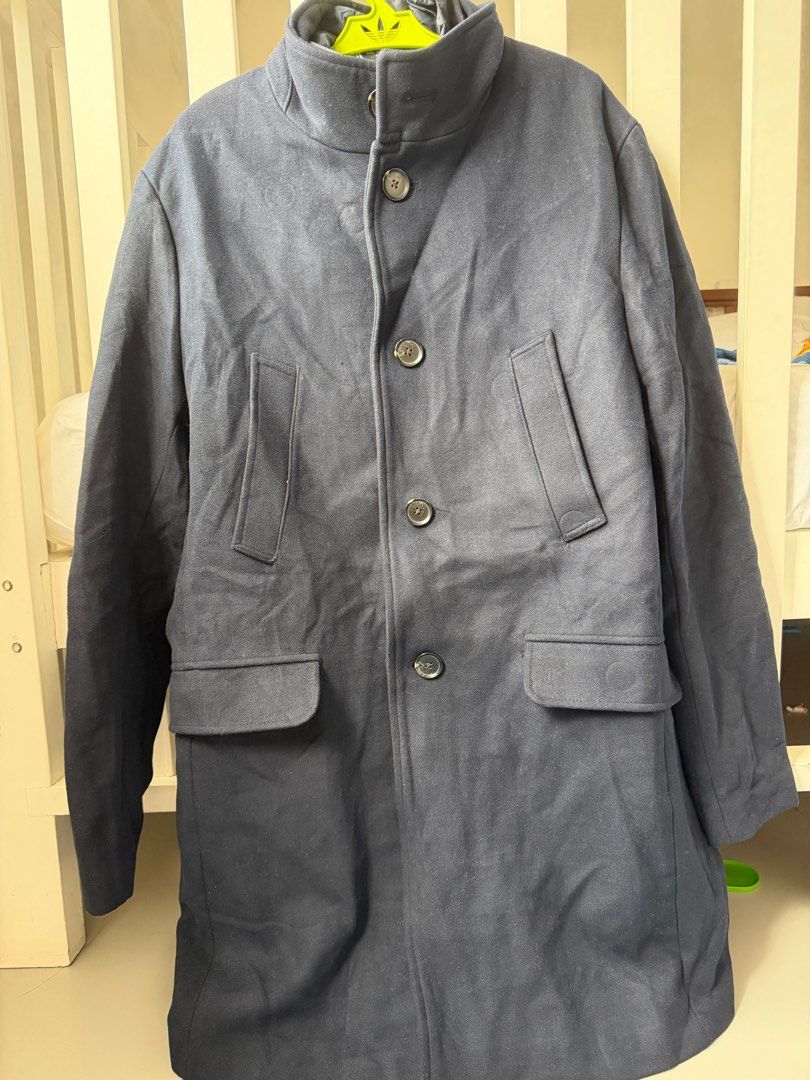 Zara Navy Blue Coat - Size L (Category: Coats, Jackets and Outerwear) located in Pasay City. Submitted by bbdavid (Listing ID 1414115765, Image 2). Description: - Zara navy blue coat - Size: L - Color: Navy blue - Button closure - Optional inner zipper closure - Two front pockets - Quilted lining - Made in Turkey - Material: 100% polyester When laid flat: - Length 35.5in - Shoulder width 18in.