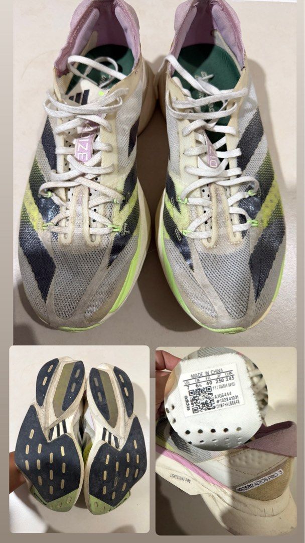 Adidas Adizero Adios Pro 3 Running Shoes (Category: Sneakers) located in Manila. Submitted by vpszb14 (Listing ID 1414311908, Image 1). Description: - Adidas Adizero Adios Pro 3 - Size: US 7.5 - Color: White, Black, Yellow - Upper: Mesh - Midsole: Lightstrike Pro - Condition: Slightly used, soles show wear.