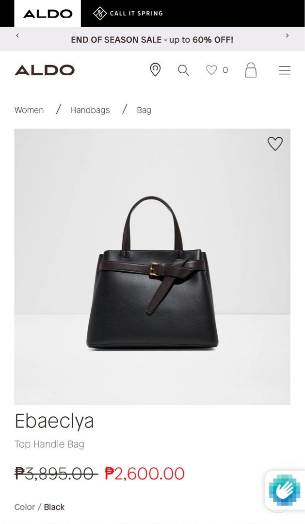 ALDO Black Top Handle Bag (Category: Shoulder Bags) located in Quezon City. Submitted by nbg.declutter (Listing ID 1414329355, Image 1). Description: - ALDO Ebaeclya Top Handle Bag - Brand new (w/o tag) - Got it on sale (P2600) - Stylish design with belt detail - Perfect for everyday use or special occasions - Shipping fee to be shouldered by the buyer - Dm for vids.