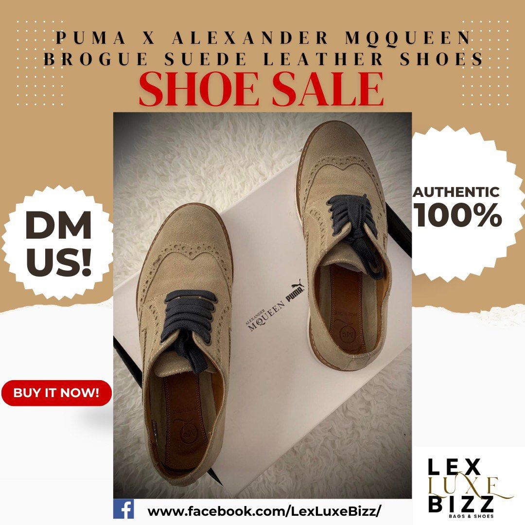 Alexander McQueen x Puma Leather Shoes (Category: Sneakers) located in General Trias. Submitted by lexluxebizz (Listing ID 1414269977, Image 1). Description: ALEXANDER MqQUEEN x PUMA Brogue Suede Leather Shoes (Purchased in Dubai) 100% Authentic 100% Suede Leather PRE-OWNED Condition: Pre-Owned Condition; minimal discoloration on leather uppers, but remains in good condition Material: Leather Upper / Leather Interior / Rubber Sole Size: Fits size