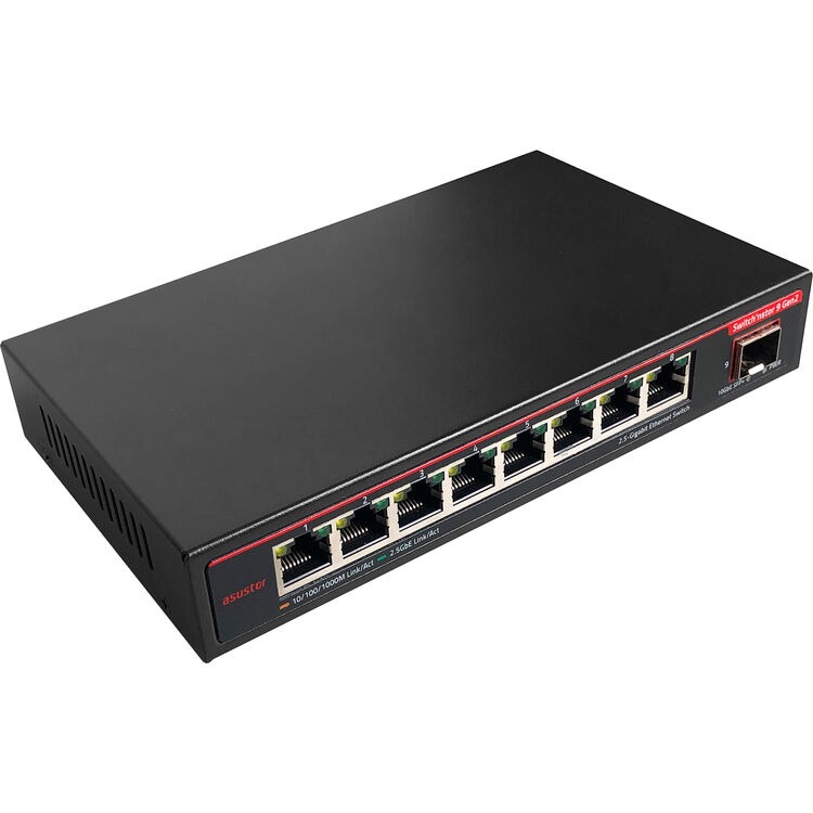 Asustor Switch'nstor 9 Gen 2 ASW209X, 9-poorts onbeheerde Ethernet- schakelaar, 1 x 10GbE, 8 x 2,5 GbE multigigigig schakelaar, plug & play, desktop/wandmontage