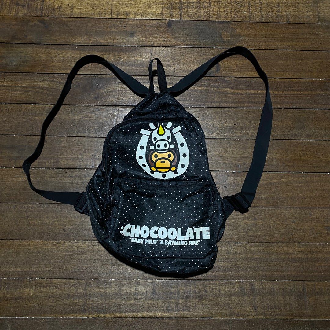 BAPE BABY MILO X CHOCOOLATE COLLABORATION BACKPACK (Category: Backpacks) located in Quezon City. Submitted by slickgearph (Listing ID 1414269467, Image 1). Description: BAPE BABY MILO X CHOCOOLATE COLLABORATION BACKPACK CONDITION 8/10 ₱350.