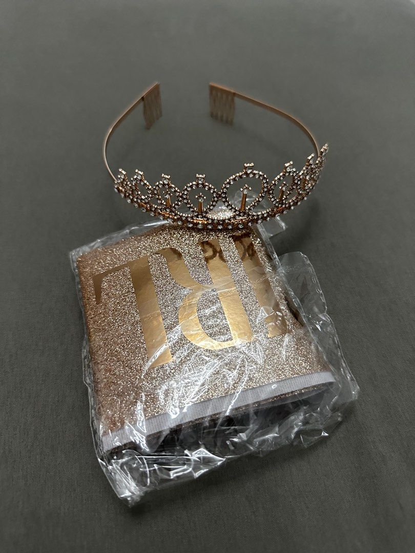 Birthday Sash & Tiara Headband (Category: Other Accessories) located in Manila. Submitted by getreadyandeclutter (Listing ID 1414373283, Image 1). Description: - Never used - Rose gold glittery sash “Birthday Girl” & Rose gold tiara .