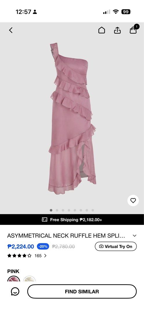 CIDER Asymmetrical Neck Ruffle Hem Split Dress (Category: Dresses) located in Kawit. Submitted by dcqm21 (Listing ID 1414292477, Image 2). Description: Used once for a wedding Cider Dress Size XXS Bought for P1,300 Sold out on the app - Pink midi dress - Asymmetrical neckline - Ruffle detailing - Split hem design - Ideal for special occasions.