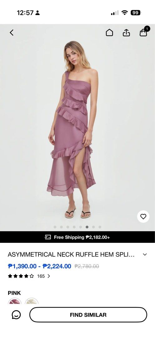 CIDER Asymmetrical Neck Ruffle Hem Split Dress (Category: Dresses) located in Kawit. Submitted by dcqm21 (Listing ID 1414292477, Image 3). Description: Used once for a wedding Cider Dress Size XXS Bought for P1,300 Sold out on the app - Pink midi dress - Asymmetrical neckline - Ruffle detailing - Split hem design - Ideal for special occasions.