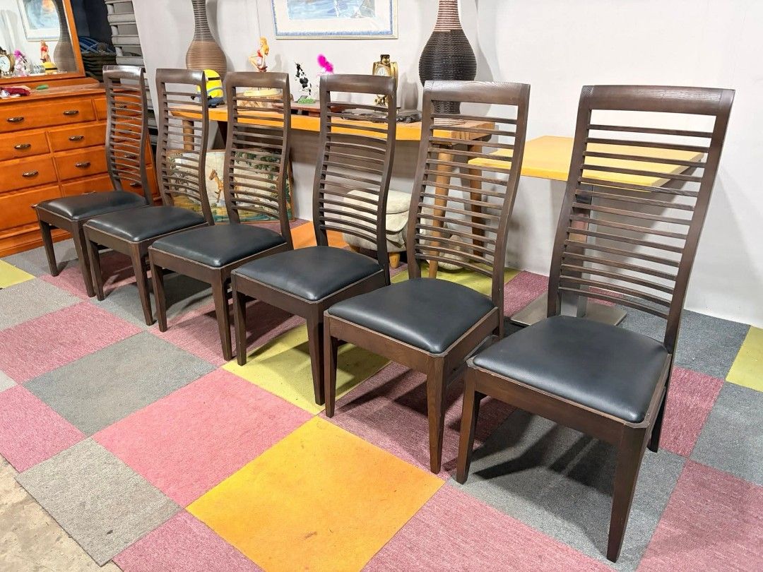 Dining Chair (Category: Chairs) located in Bulacan. Submitted by mgcasimiro081079 (Listing ID 1414373100, Image 3). Description: NITORI Mariah 3 High-Back Dining Chairs 6pcs Solid Wood, Heavy-duty, Padded Leather Seats Google Price : ¥17,500.00 or ₱6,600.00 each Price : 18k for 6 💚💚 *VIDEO ON COMMENT 17L x 17W x 17H seat height inches Sandalan height 40 inches In VERY good condition💚💚.