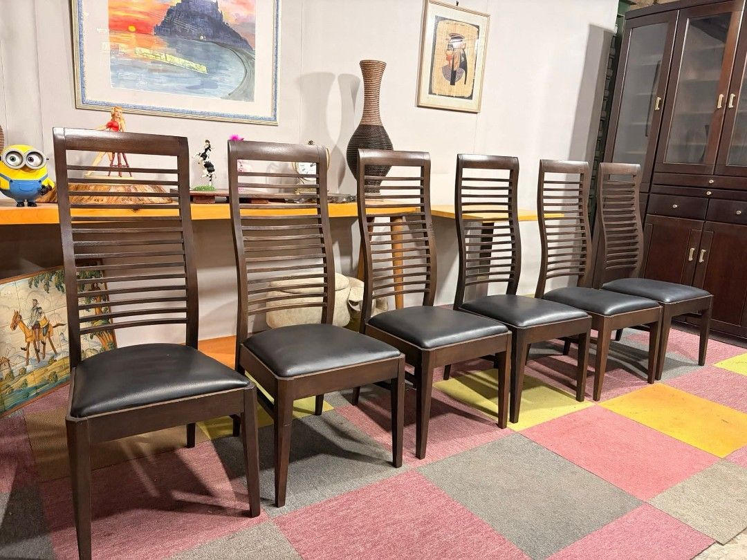Dining Chair (Category: Chairs) located in Bulacan. Submitted by mgcasimiro081079 (Listing ID 1414373100, Image 1). Description: NITORI Mariah 3 High-Back Dining Chairs 6pcs Solid Wood, Heavy-duty, Padded Leather Seats Google Price : ¥17,500.00 or ₱6,600.00 each Price : 18k for 6 💚💚 *VIDEO ON COMMENT 17L x 17W x 17H seat height inches Sandalan height 40 inches In VERY good condition💚💚.