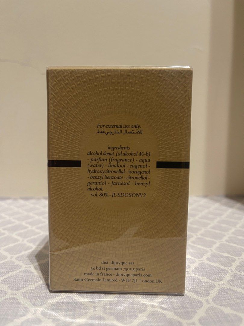 Diptyque Do Son Eau de Toilette 30ml (Category: Fragrance & Deodorants) located in Tacloban City. Submitted by declutterwithbel (Listing ID 1414388736, Image 2). Description: - Authentic Diptyque Do Son Eau de Toilette - Bought from WanderluxebyJen; na double so I only opened one - 30ml bottle - Includes original box - Box contains ingredients and details - Bottle has a black cap - Clear glass bottle - Gold-colored box.