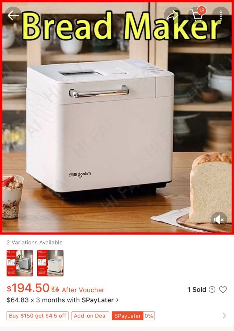 Donlim Bread Maker Bread machine Automatic with 25 Programs (Category: Breadmakers) located in Singapore. Submitted by ninejey (Listing ID 1414414583, Image 2). Description: - Donlim bread maker with 25 preset programs. - Automatic nut dispenser. - Digital display for easy operation. - Bake fresh bread with ease. - more functions to explore: yogurt, floss, flour mixer and so on.