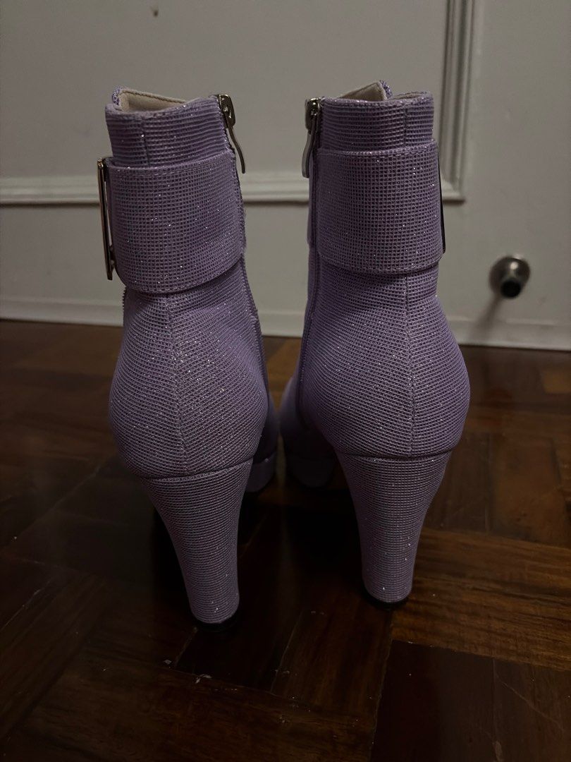 Glittery Lavender Ankle Boots with Buckle (Category: Boots) located in Makati City. Submitted by heyaj (Listing ID 1414416826, Image 3). Description: Purple Glitter Platform Boots. Used ONCE only for a Halloween costume last October 2025. Bought from SHEIN for ₱1,131. - Glittery lavender ankle boots - Platform sole - Side zipper - Decorative buckle - Block heel.