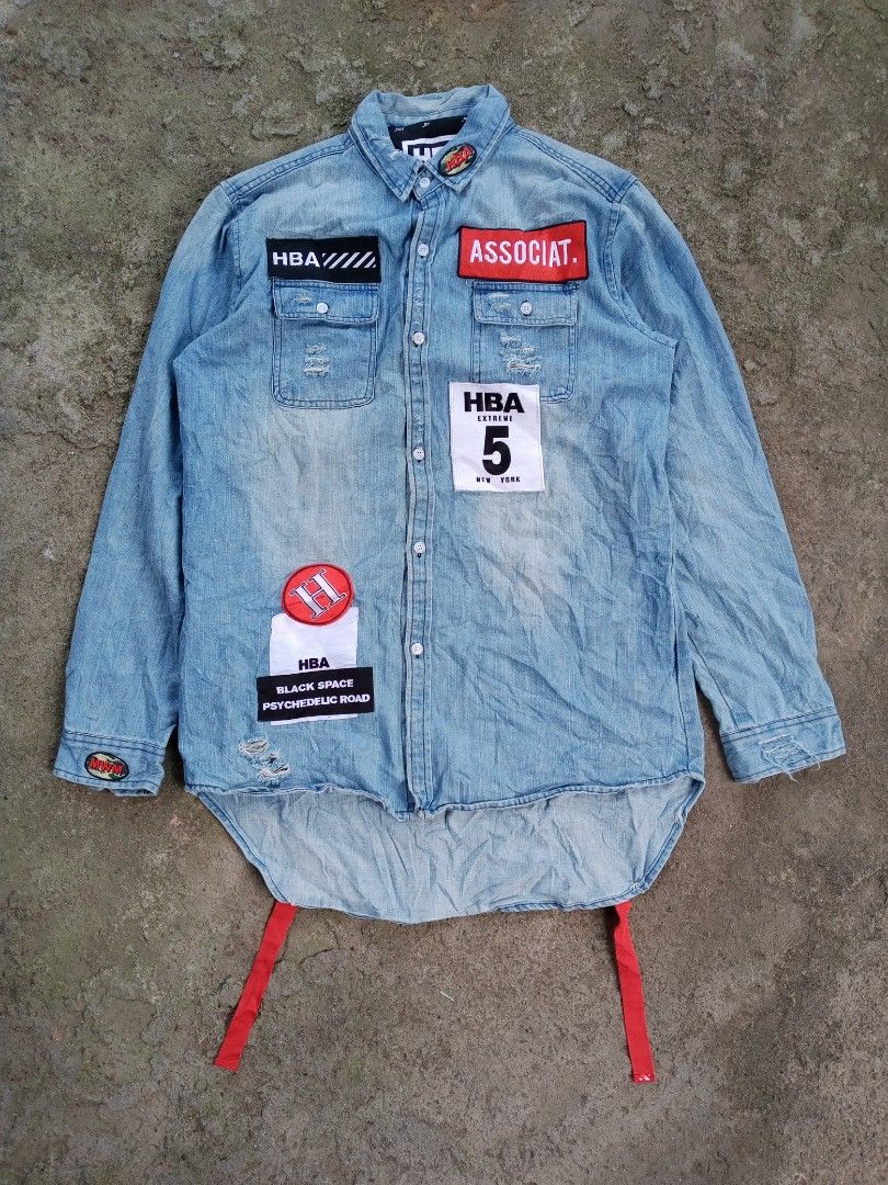 HBA Denim Shirt with Patches (Category: Tshirts & Polo Shirts ) located in Caloocan City. Submitted by giriyeys793 (Listing ID 1414331202, Image 1). Description: - HBA denim shirt - Size: L -Dimes 22W/29L - Light blue wash - Long sleeves - Button-down front - Unique patch design - Distressed details - Red straps on back - HBA branding (front & back).