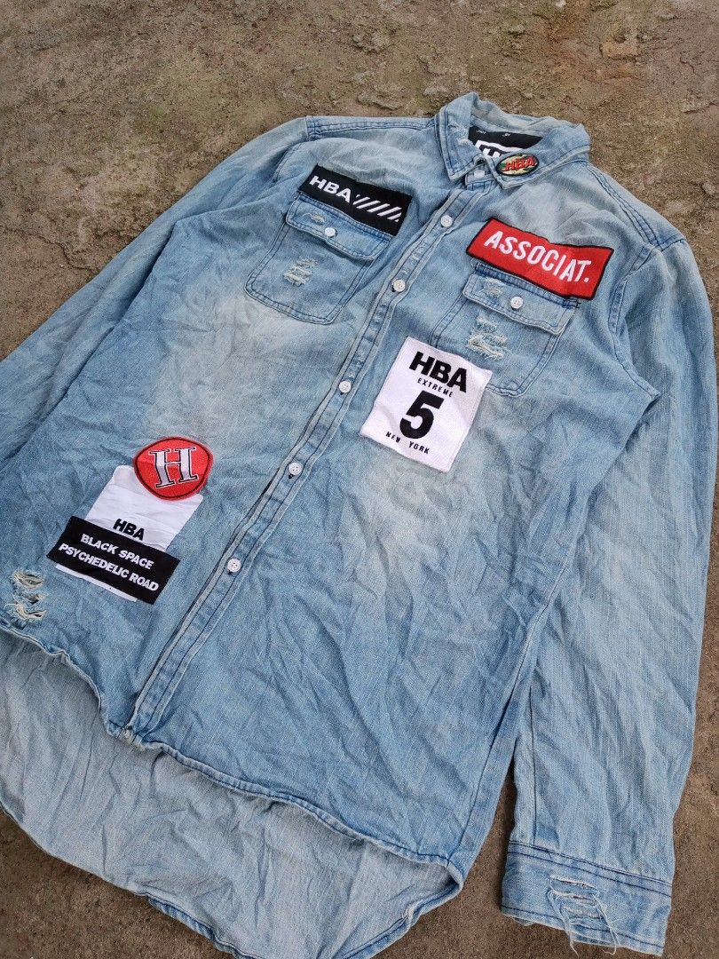 HBA Denim Shirt with Patches (Category: Tshirts & Polo Shirts ) located in Caloocan City. Submitted by giriyeys793 (Listing ID 1414331202, Image 3). Description: - HBA denim shirt - Size: L -Dimes 22W/29L - Light blue wash - Long sleeves - Button-down front - Unique patch design - Distressed details - Red straps on back - HBA branding (front & back).