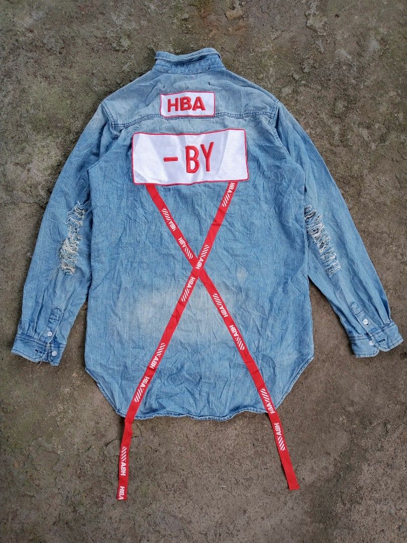 HBA Denim Shirt with Patches (Category: Tshirts & Polo Shirts ) located in Caloocan City. Submitted by giriyeys793 (Listing ID 1414331202, Image 2). Description: - HBA denim shirt - Size: L -Dimes 22W/29L - Light blue wash - Long sleeves - Button-down front - Unique patch design - Distressed details - Red straps on back - HBA branding (front & back).