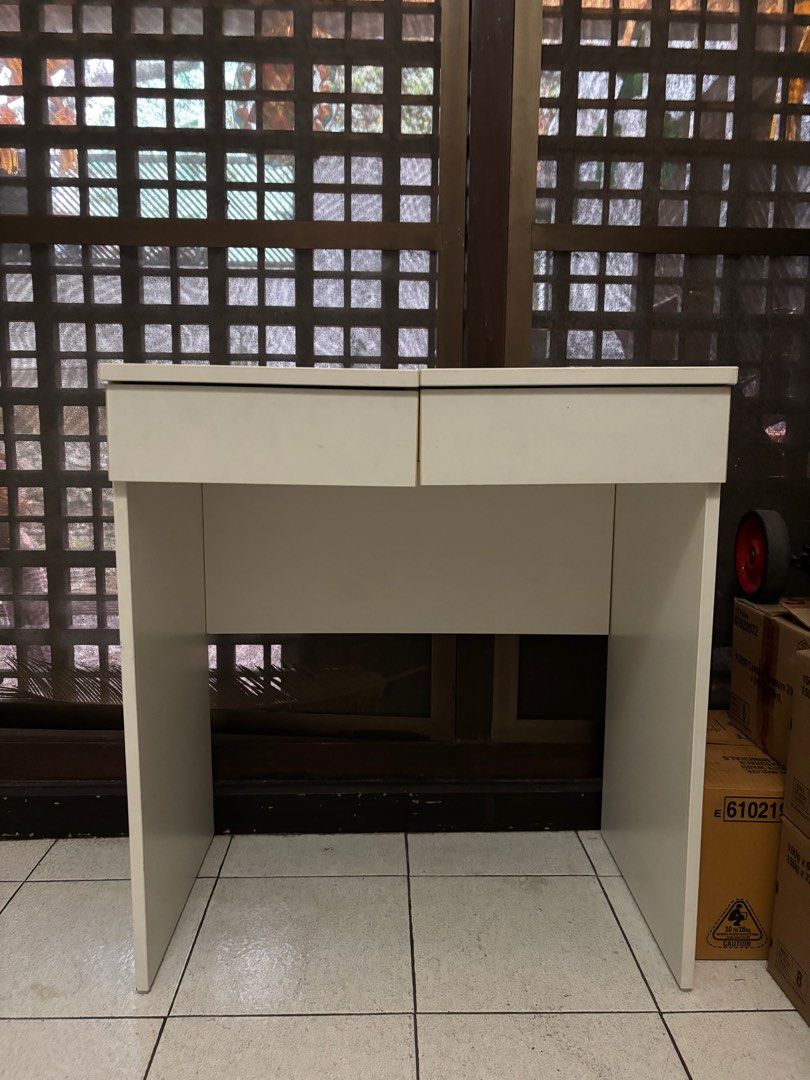 IKEA BRIMNES White Vanity Table with Mirror (Category: Tables & Sets) located in San Juan City. Submitted by lazylivvy (Listing ID 1414337156, Image 1). Description: - White vanity table - Flip-up mirror - Some scratches from use (see last two pics) RFS: Moving out.