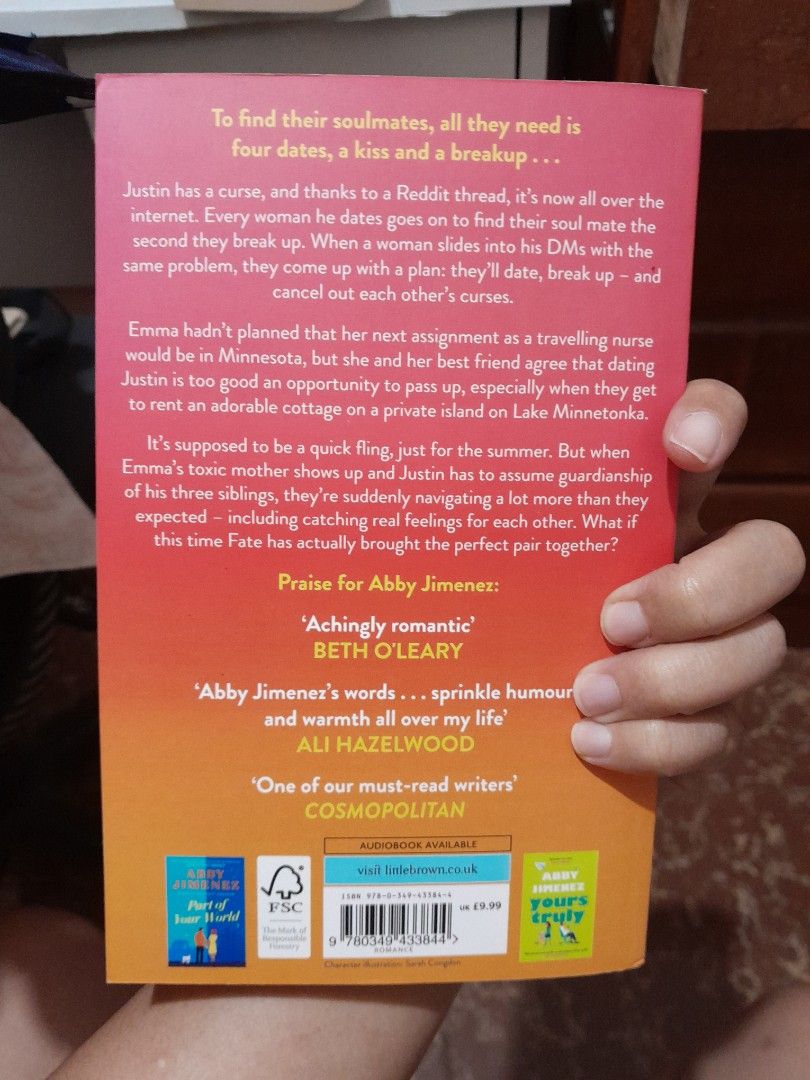 Just for the Summer by Abby Jimenez (Category: Storybooks) located in San Fernando. Submitted by pauladyrt (Listing ID 1414438492, Image 2). Description: - UK Paperback - Slightly tan edges - No other visible flaw PM for more pics MOP: Gcash & BPI (Payment first. No COD.) MOD: J&T, Flash Express, LBC, and same-day delivery via Lalamove, Grab, or Maxim (around Pampanga) . Can do meetups in SM Clark or SM Pampanga with 30 pesos handling fee..