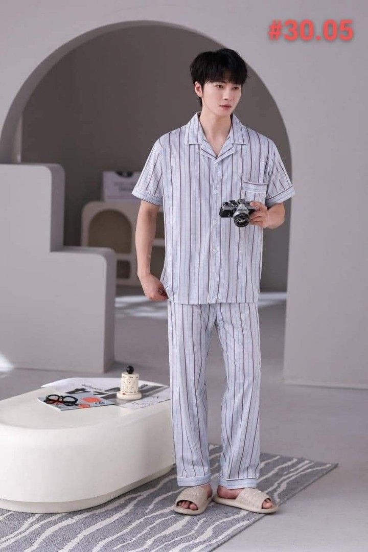 Men's Short Sleeve Pajama Set (Category: Undergarments & Loungewear) located in Manila. Submitted by raredeer-4deb4e (Listing ID 1414345428, Image 2). Description: - Men's pajama set - Short-sleeved top with chest pocket - Matching pants with relaxed fit - Available in stripes, plaid, and other patterns - Lightweight fabric, perfect for warm weather - Collared shirt with button-down closure.
