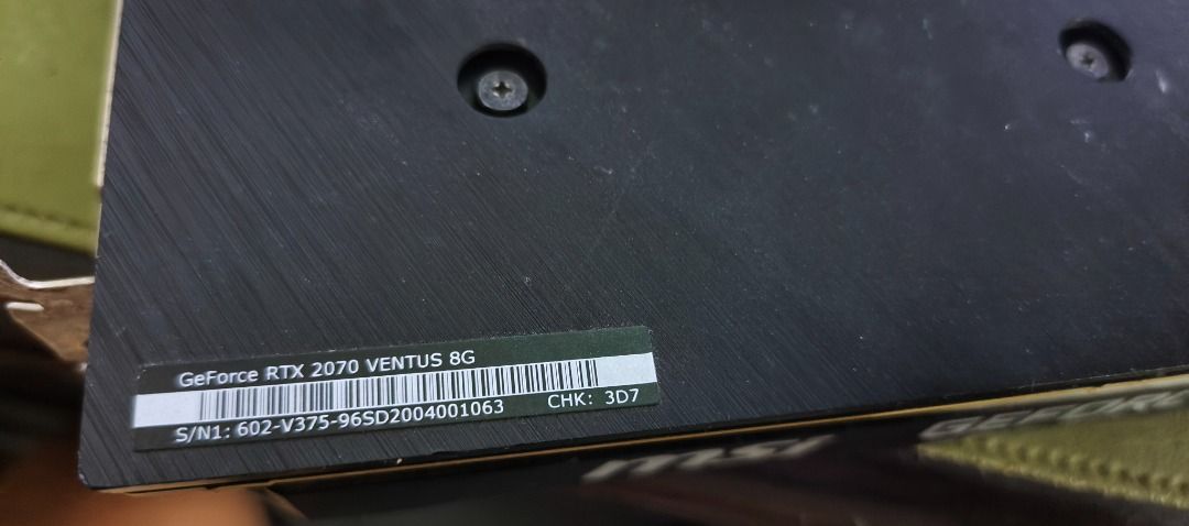 MSI GeForce RTX 2070 VENTUS 8G (Category: Computer Parts) located in Tacloban City. Submitted by joekap (Listing ID 1414352335, Image 2). Description: Deffective MSI GeForce RTX 2070 VENTUS 8G graphics card. Features dual fans for cooling. The serial number is 602-V375-965D2004001063. Includes a 3D7 check code. System unit power on but no display fan working, computer speaker working. Bigla bigla nalang di na nag display. For sale nalang. At may 