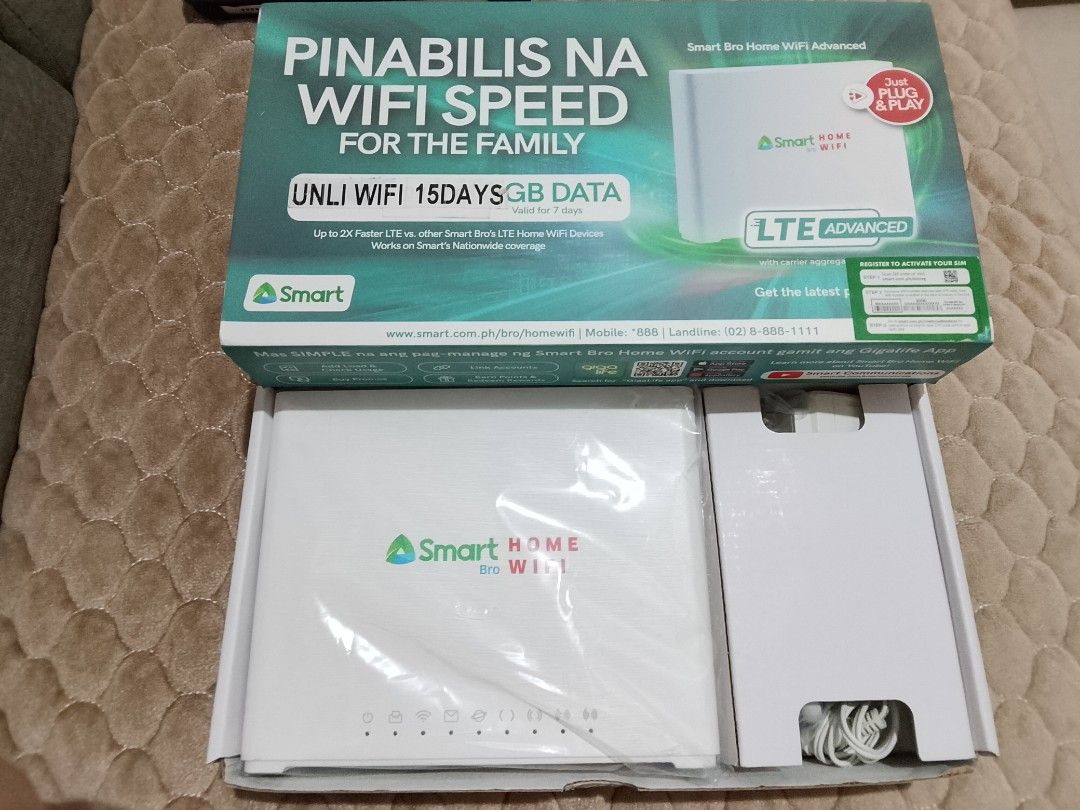 Smart Bro Home WiFi Advanced (Category: Networking) located in Manila. Submitted by rommel.rommel21 (Listing ID 1414378388, Image 1). Description: - Smart Bro Home WiFi Advanced for fast home internet. - Complete with original box and acceasories - Package includes router and accessories. - Simple plug-and-play setup. - Enjoy LTE Advanced connectivity. -Demo video available upon request -RFS: Upgraded to PLDT Fiber.