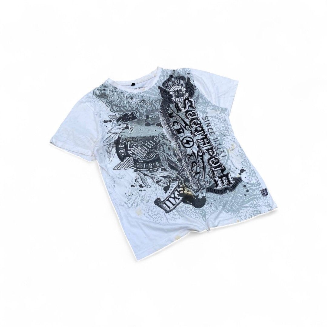 Southpole (Category: Tshirts & Polo Shirts ) located in Camiling. Submitted by digdrip (Listing ID 1414339448, Image 3). Description: southpole y2k gothic skull dimes/size: 21W, 25L Color rate: 9/10 Condition: 9/10 issue: stains, minimal hairline crack.