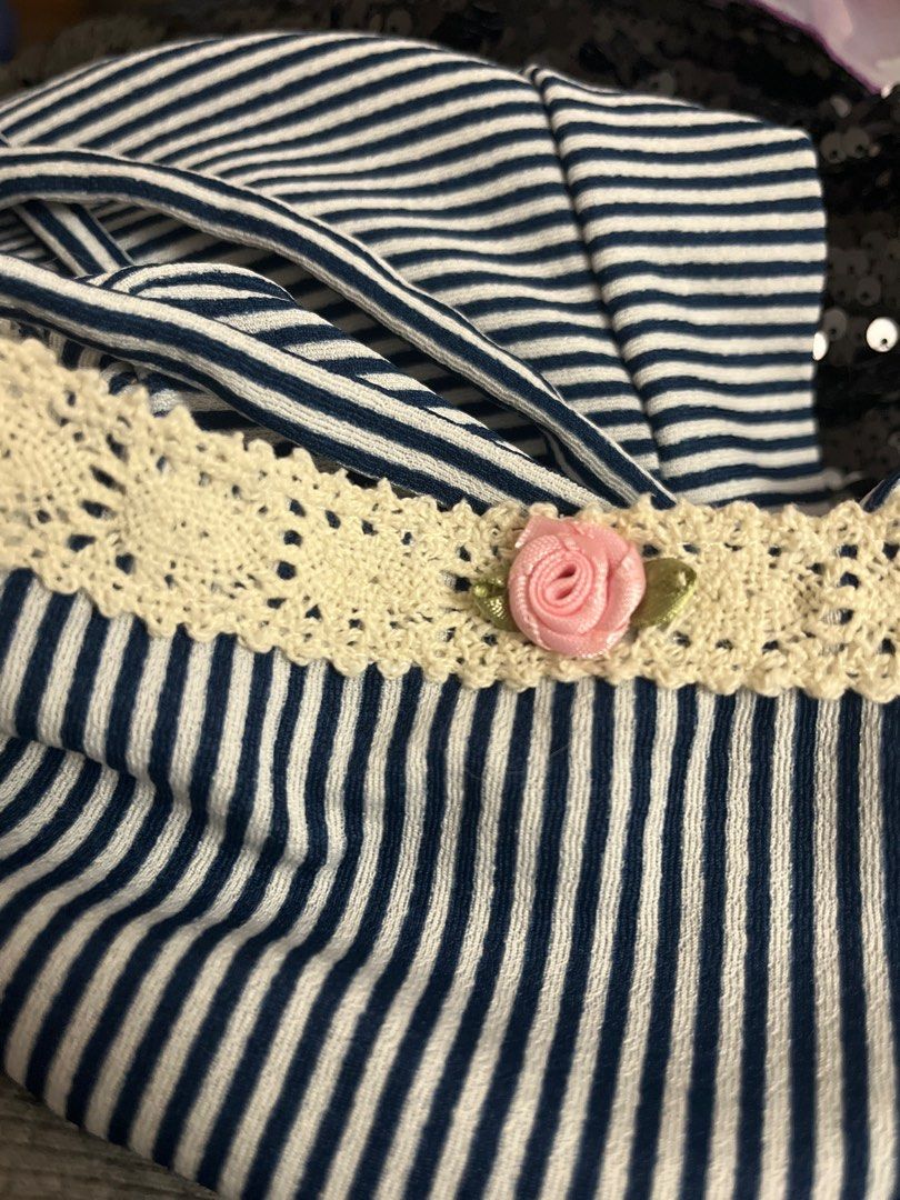 Striped Tie Top and Shorts with Side Pocket Coordinates (Category: Undergarments & Loungewear) located in Taguig. Submitted by clutch.queen (Listing ID 1414432047, Image 2). Description: • brand new • rfs: not my style :( • super cute navy blue stripes with lace and flower detail 🌸🎀 • garterized sa likod both shorts and top.