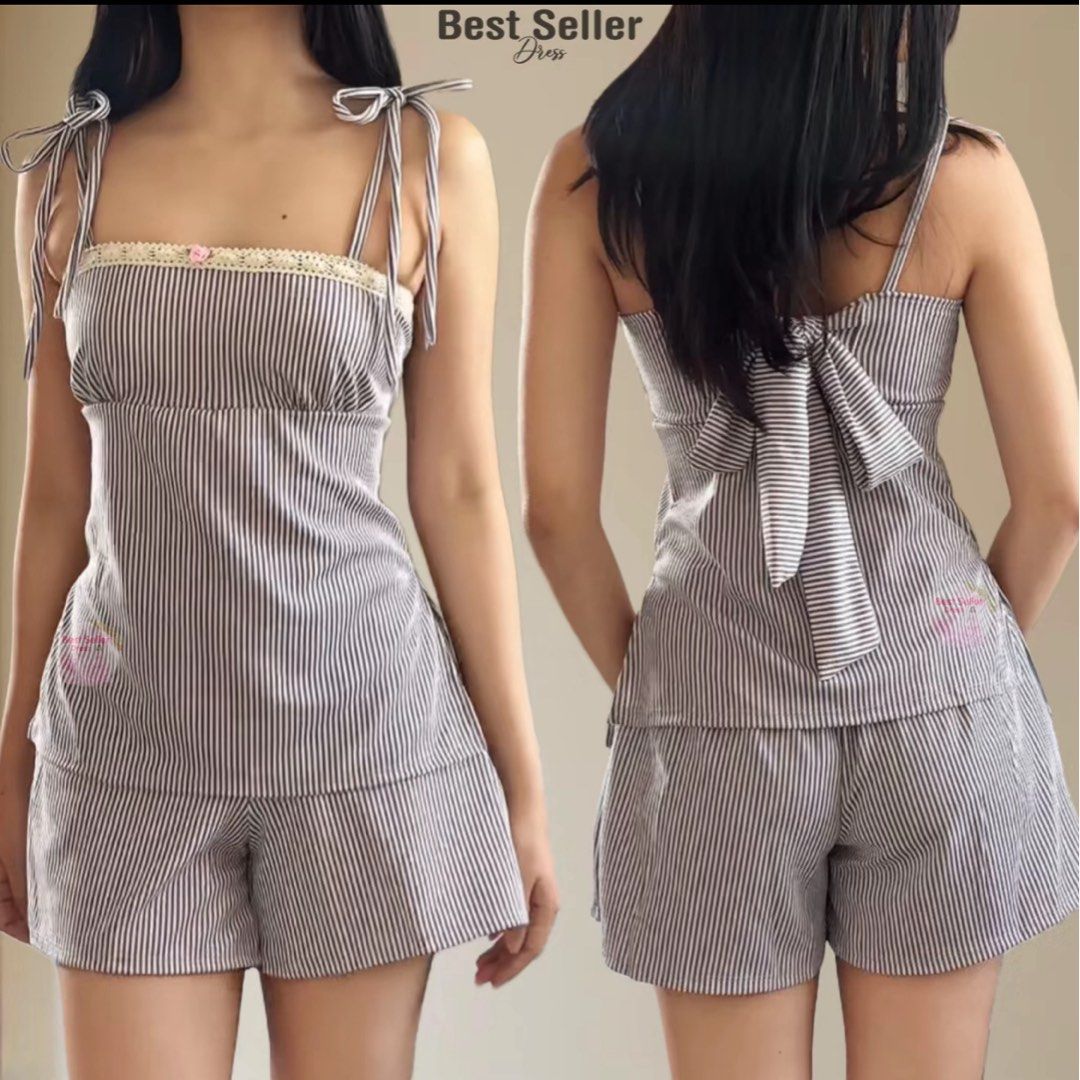 Striped Tie Top and Shorts with Side Pocket Coordinates (Category: Undergarments & Loungewear) located in Taguig. Submitted by clutch.queen (Listing ID 1414432047, Image 1). Description: • brand new • rfs: not my style :( • super cute navy blue stripes with lace and flower detail 🌸🎀 • garterized sa likod both shorts and top.