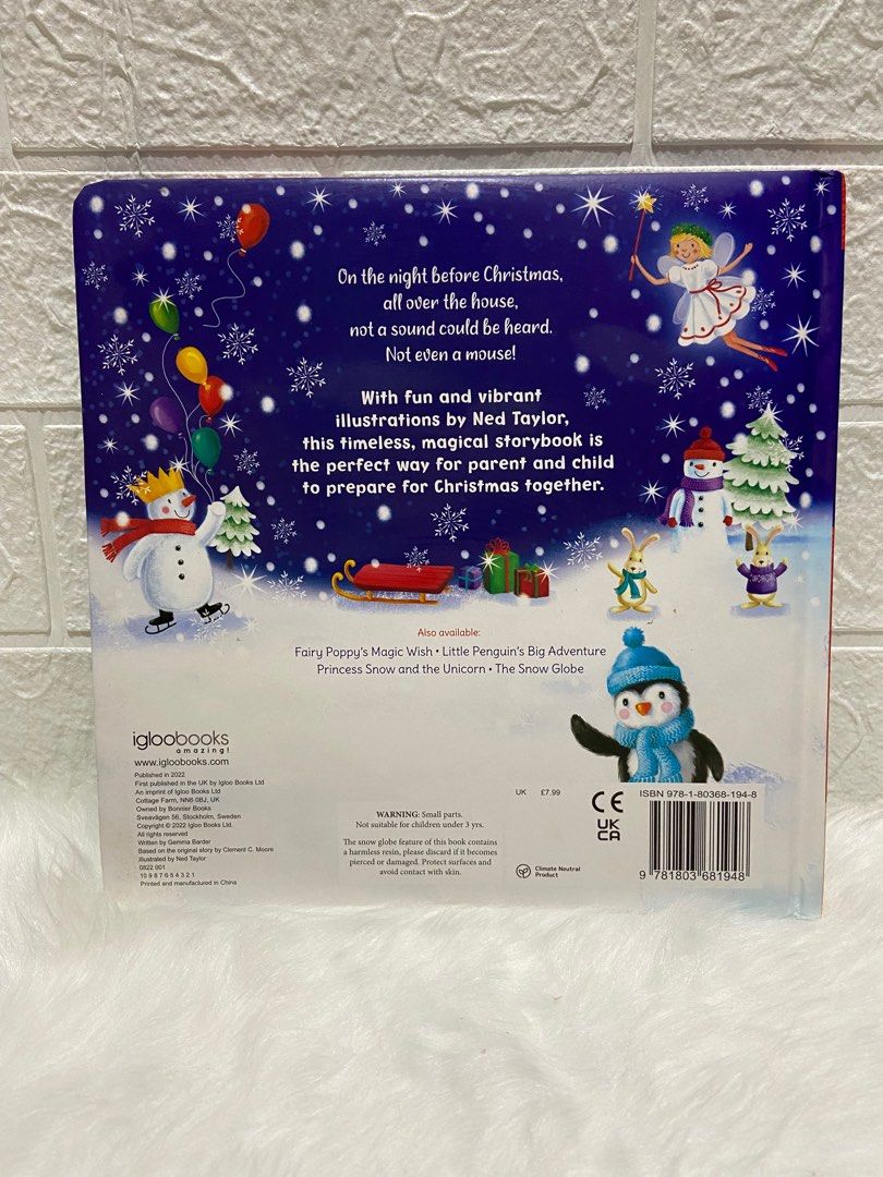 The Night Before Christmas with Snow Globe (Category: Children's Books) located in Caloocan City. Submitted by dmbooknook (Listing ID 1414273962, Image 2). Description: - Very good used condition - Large padded cover,strong pages - Colorful Illustrations 📍 Books are preloved and may have flaws like tears, creases, shelf wear, small writing, tanning, foxing, etc. Please manage your expectations. Happy Reading! 📚🩵 - Children’s books - Toddlers’ 