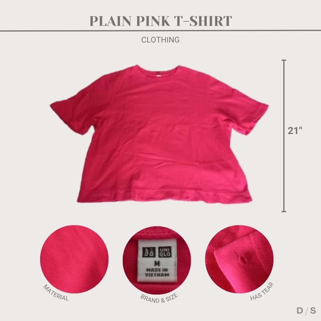 Uniqlo Plain Pink T-shirt (Category: Shirts) located in San Pedro. Submitted by declutteredstyle_laguna (Listing ID 1414272528, Image 2). Description: Uniqlo Plain Pink T-shirt is well used. It is for casual use. It is comfortable to wear because of its material. It has tear on the left sleeve. It is M size. MOP: GCash.