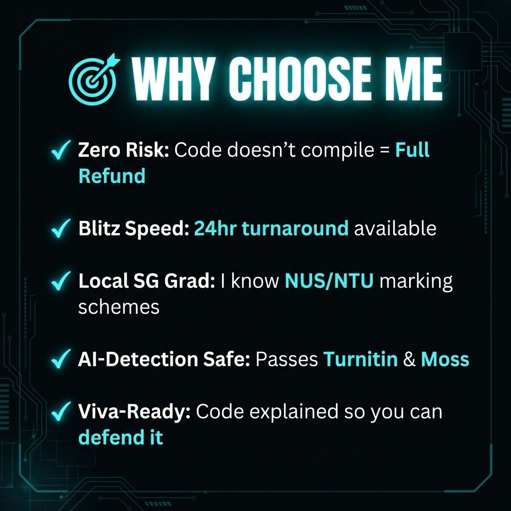 Coding Assignment Help & Debugging SG | Python Java C++ SQL React HTML CSS | FYP Web App Project | Data Analytics R SPSS Tableau | NUS NTU SMU SUSS SIM Poly | Urgent 24hr | Local CS Grad | Fix Code Errors | MOSS Turnitin Safe | Computer Science Tutor |OOP (Category: Professional Skills) located in Singapore. Submitted by winstonkoh87 (Listing ID 1413645074, Image 2). Description: 💻 DEBUGGING FOR HOURS? LIFE'S TOO SHORT FOR SEGFAULTS. Ship the as