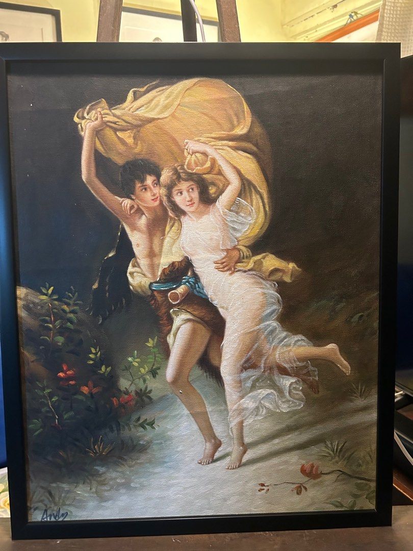 - Romantic Scene, Painting wall decor 40x50cm (Category: Art & Prints) located in Manila. Submitted by andreantonio (Listing ID 1414454770, Image 1). Description: - Antique painting with a romantic scene - Features two figures - Black framed - Detailed artwork - Artist's signature visible - Ideal for art collection.