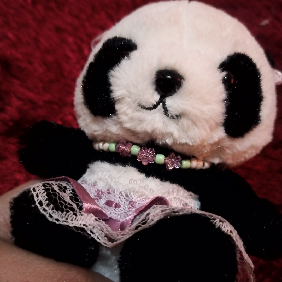 AMUSE Panda Plush Stuffed Toy Keychain Charm [ Customized ] (Category: Plushies & Soft Toys) located in Taguig. Submitted by oddlykawaiishop.ph (Listing ID 1414617317, Image 2). Description: 🎀 What you see is what you get—please check photos for details! •Sewn dress (removable), glued hairbows, and customized necklace! All yours! • Might need a light wash since it has been stored in a cabinet.