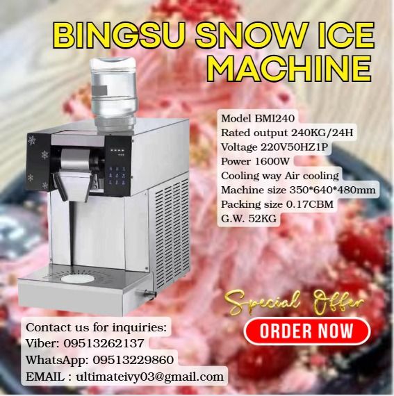 Bingsu Snow Ice Machine (Category: Home Improvement Tools & Accessories) located in Caloocan City. Submitted by vedadacian34812 (Listing ID 1414514287, Image 1). Description: Model BMI240 Rated output 240KG/24H Voltage 220V50HZ1P Power 1600W Cooling way Air cooling Machine size 350*640*480mm Packing size 0.17CBM G.W. 52KG ✅ 100% LEGIT TRUSTED SUPPLIER! ✅ With Complete Legal Documents ✅ BIR Registered .