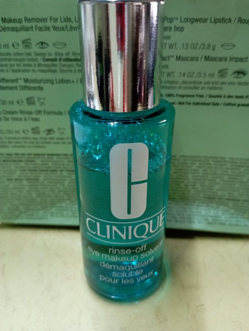 Clinique Rinse-Off Eye Makeup Solvent (Category: Makeup) located in Meycauayan. Submitted by issasvillaflores (Listing ID 1414466743, Image 2). Description: - Clinique Rinse-Off Eye Makeup Solvent - Specifically designed to remove eye makeup - Clear, blue liquid formula - 125ml bottle - Brand new - Packaging includes ingredient and usage information.