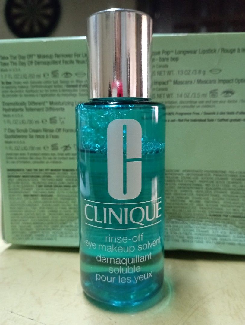 Clinique Rinse-Off Eye Makeup Solvent (Category: Makeup) located in Meycauayan. Submitted by issasvillaflores (Listing ID 1414466743, Image 1). Description: - Clinique Rinse-Off Eye Makeup Solvent - Specifically designed to remove eye makeup - Clear, blue liquid formula - 125ml bottle - Brand new - Packaging includes ingredient and usage information.