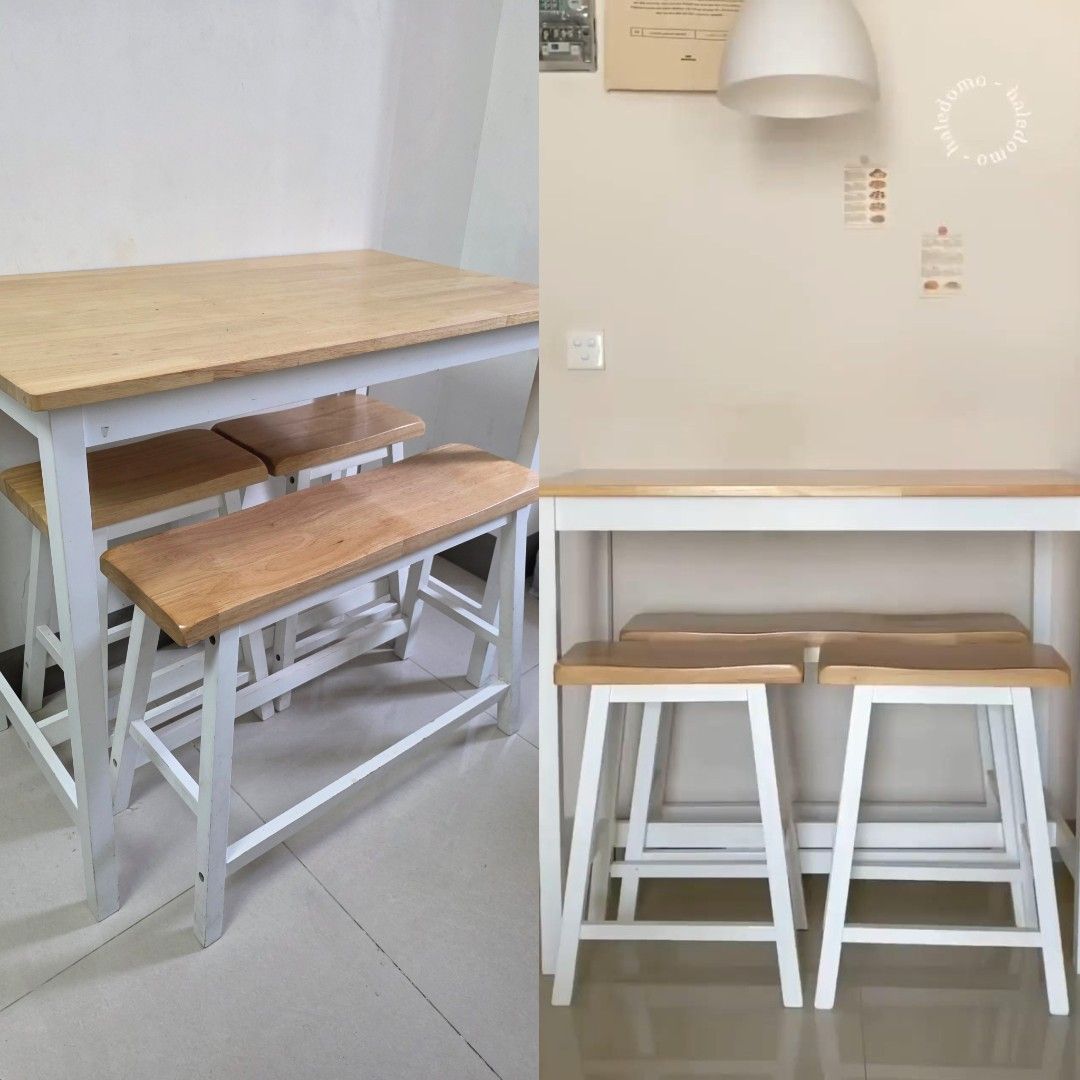 Daisy Dining Set Table with Benches (Category: Tables & Sets) located in Quezon City. Submitted by kinickilig (Listing ID 1414609719, Image 3). Description: Decluttering Preloved Daisy Dining Table with Benches Originally 17k • Sizes: • Table – L108 x W60 x H91cm • Stool – L44.5 x W23 x H60cm • Bench – L83.5 x W23 x H60cm The Daisy dining set is a unique bar-type dining set with an authentic wood finish and it comes with 1 long bench and 2 high s