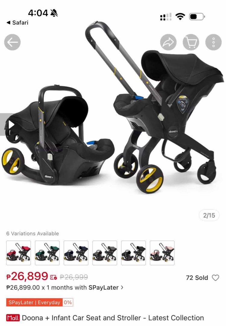 Doona + Infant Car Seat and Stroller - Latest Collection (Category: Strollers) located in Zamboanga. Submitted by mikmikk.23 (Listing ID 1414520309, Image 1). Description: - Doona+ Infant Car Seat & Stroller - Black with yellow accents - Converts from car seat to stroller - Includes car seat and base Used once! .