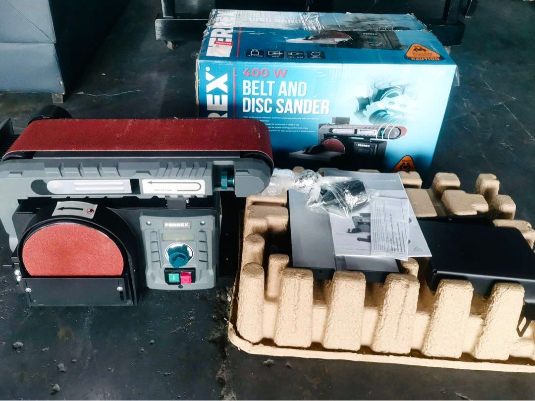 Ferrex 400W Belt and Disc Sander (Category: Construction Tools & Equipment) located in Tarlac. Submitted by greysauction (Listing ID 1414519402, Image 1). Description: FERREX 400W Belt & Disc Sander – Aldi Australia Powerful and compact 2-in-1 bench sander ideal for DIYers and home workshops. Perfect for sanding, shaping, sharpening and finishing wood, plastics and light metals. Features & Advantages: • 400-watt motor for smooth, efficient sandin