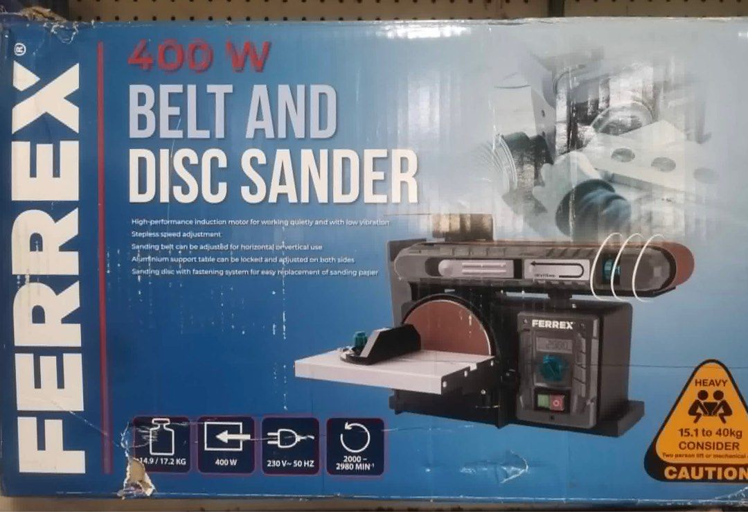 Ferrex 400W Belt and Disc Sander (Category: Construction Tools & Equipment) located in Tarlac. Submitted by greysauction (Listing ID 1414519402, Image 2). Description: FERREX 400W Belt & Disc Sander – Aldi Australia Powerful and compact 2-in-1 bench sander ideal for DIYers and home workshops. Perfect for sanding, shaping, sharpening and finishing wood, plastics and light metals. Features & Advantages: • 400-watt motor for smooth, efficient sandin