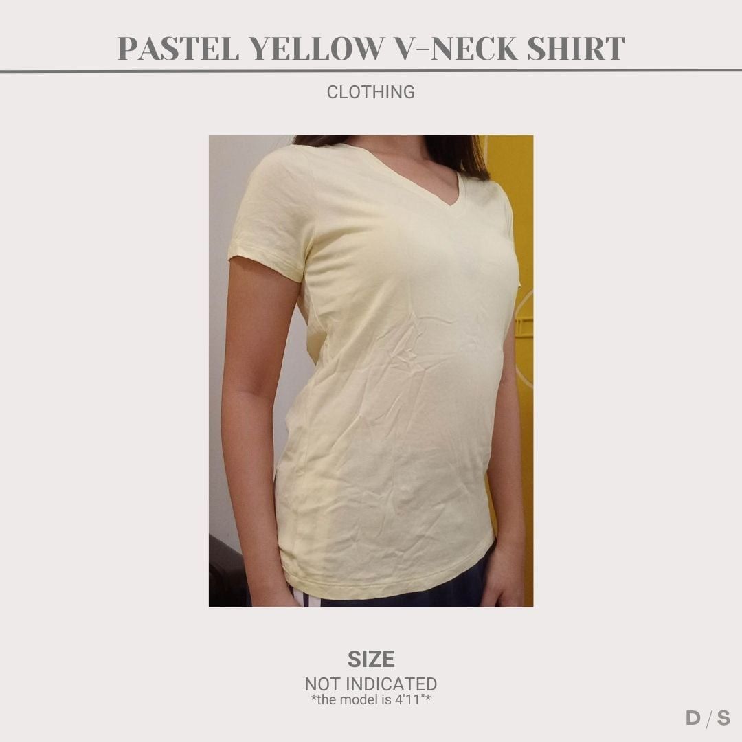 Pastel Yellow V-Neck Shirt (Category: Shirts) located in San Pedro. Submitted by declutteredstyle_laguna (Listing ID 1414441185, Image 1). Description: Pastel Yellow V-Neck Shirt is used once. It is for casual use and it is comfortable to wear because of its material. MOP: GCash.