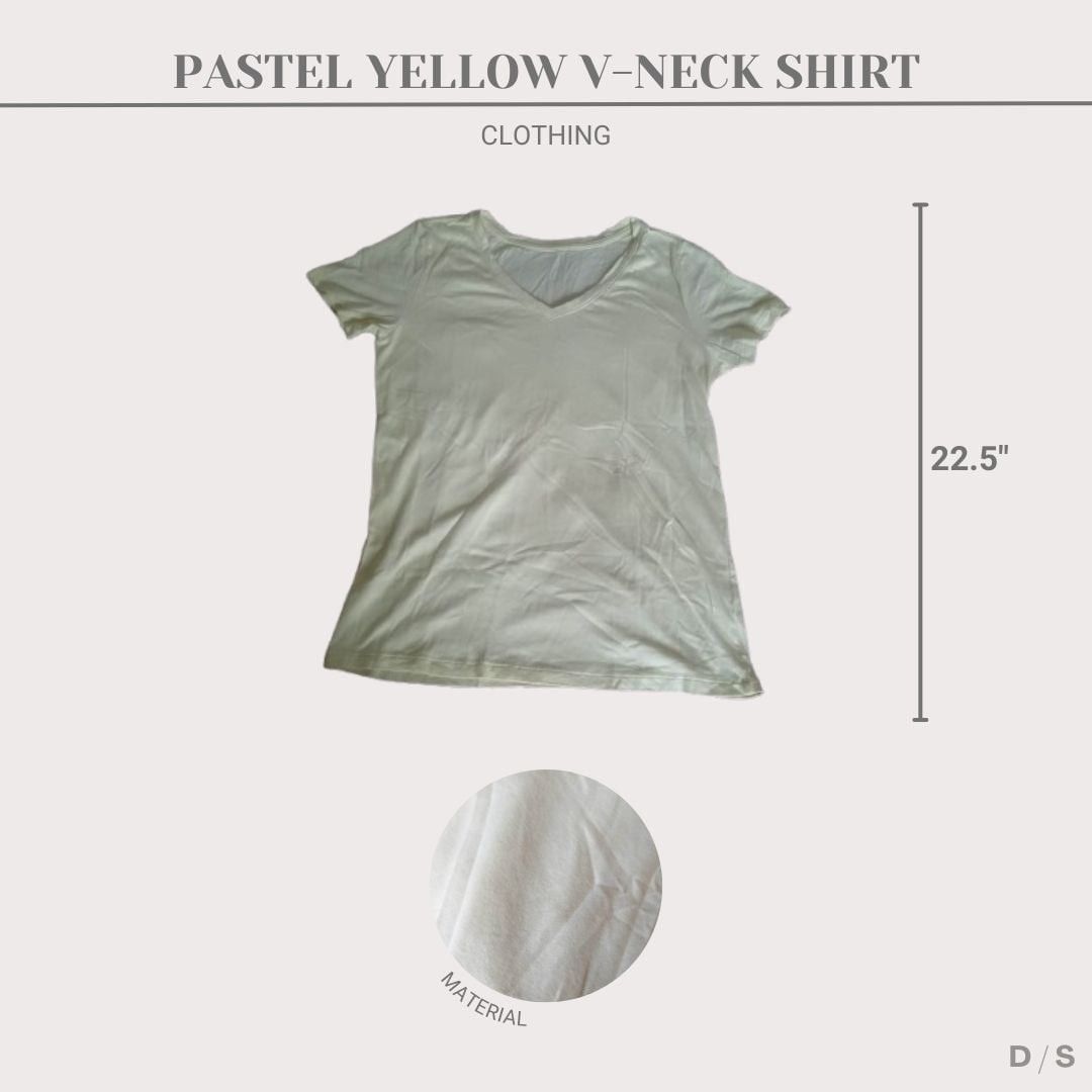 Pastel Yellow V-Neck Shirt (Category: Shirts) located in San Pedro. Submitted by declutteredstyle_laguna (Listing ID 1414441185, Image 2). Description: Pastel Yellow V-Neck Shirt is used once. It is for casual use and it is comfortable to wear because of its material. MOP: GCash.
