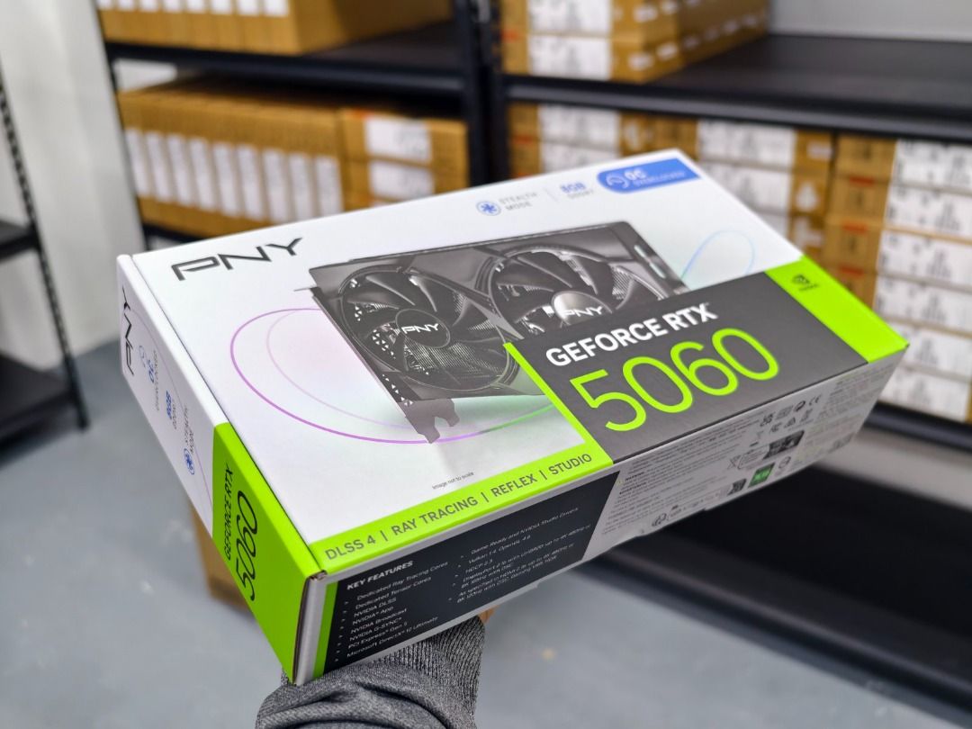 PNY GeForce RTX 5060 8GB OC (Category: Computer Parts) located in Manila. Submitted by robert.robert14 (Listing ID 1414492818, Image 2). Description: PNY STEALTH MODE RTX 5060 8GB OC BRAND NEW > GPU: NVIDIA GeForce RTX 5060 (Blackwell Architecture) > CUDA Cores: 3840 > Memory: 8GB GDDR7 > Memory Interface: 128-bit > Memory Speed: 28 Gbps (effective) > Memory Bandwidth: 448 GB/s > Boost Clock: ~2535 MHz (Overclocked) > Architecture: Blackwell > Bu