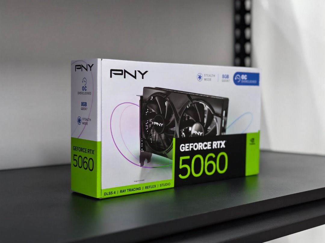 PNY GeForce RTX 5060 8GB OC (Category: Computer Parts) located in Manila. Submitted by robert.robert14 (Listing ID 1414492818, Image 3). Description: PNY STEALTH MODE RTX 5060 8GB OC BRAND NEW > GPU: NVIDIA GeForce RTX 5060 (Blackwell Architecture) > CUDA Cores: 3840 > Memory: 8GB GDDR7 > Memory Interface: 128-bit > Memory Speed: 28 Gbps (effective) > Memory Bandwidth: 448 GB/s > Boost Clock: ~2535 MHz (Overclocked) > Architecture: Blackwell > Bu
