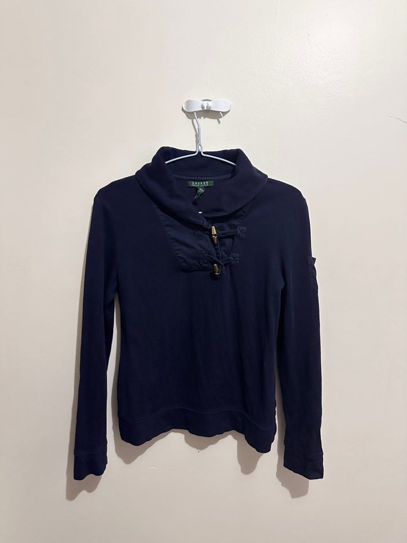 RALPH LAUREN Navy Sweatshirt Sweater (Category: Coats, Jackets and Outerwear) located in Calamba. Submitted by andi.love (Listing ID 1414593411, Image 1). Description: - Lauren Ralph Lauren navy sweater - Size: S - Material: 100% cotton - Features a unique collar design with button details - Made in Jordan - A classic and versatile wardrobe staple.