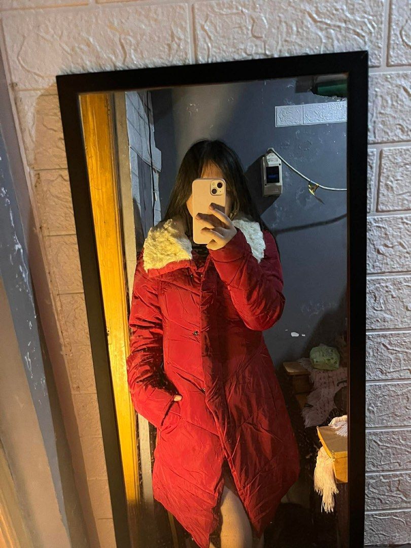Red Winter Puff Jacket with Hood (Category: Coats, Jackets and Outerwear) located in Dolores. Submitted by solfinds (Listing ID 1414492608, Image 2). Description: - Red winter jacket - Cozy hood - Soft, cream-colored fur collar - Quilted design - Front zipper closure - Warm and suitable for cold weather - Flattering cut - Comfortable and stylish Maganda pa condition. I bought this as preloved so kindly manage you expectation. May tahi lang or rep
