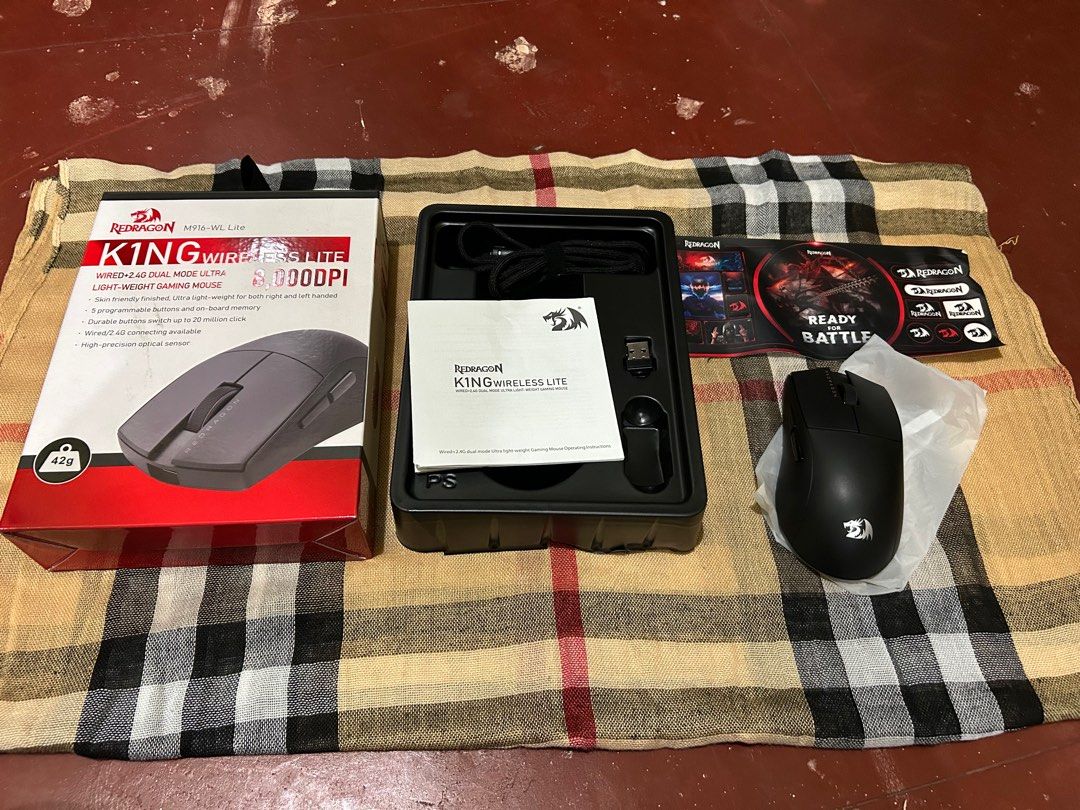 Redragon King Wireless Lite Gaming Mouse (Category: Mouse & Mousepads) located in Pasay City. Submitted by lils_shoppe (Listing ID 1414504625, Image 1). Description: - Wired+2.4G Dual Mode Ultra Light-weight Gaming Mouse -Skin friendly finished, Ultra light-weight for both right and left handed - 5 Programmable buttons and on-board memory - 8000DPI - Tested only once when item was bought about two years ago, never used.