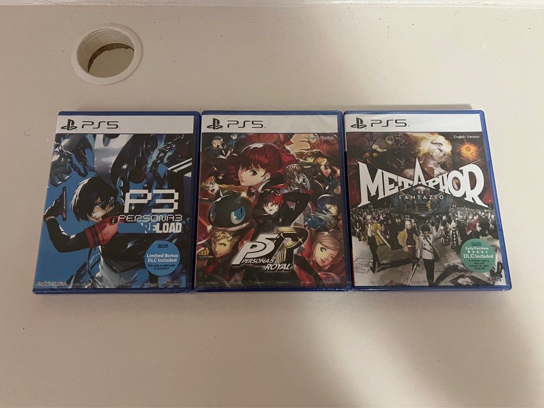 (SEALED) Persona/Metaphor Game Bundle - PS5 (Category: PlayStation) located in Quezon City. Submitted by ajcc13 (Listing ID 1414452120, Image 1). Description: - PS5 Games, take all for 4500 - Brand new factory sealed, unused codes - All R3/Asian - Persona 3 Reload - Persona 5 Royal - Metaphor: Refantazio .