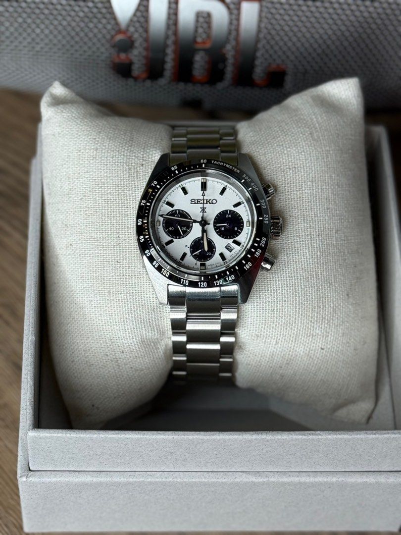 Seiko Prospex Speedtimer Reverse Panda (Category: Luxury Watches) located in Manila. Submitted by ahmazing (Listing ID 1414468488, Image 3). Description: - Seiko Prospex Speedtimer Panda Version 1 - SBDL085/SSC813P1 - White dial with black sub-dials - Tachymeter bezel - Stainless steel case and bracelet - Date display at 3 o'clock - Includes original box and paper bag - Origin: Japan .