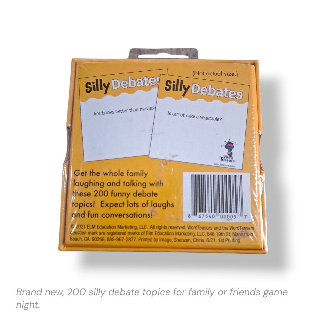 Silly Debates Word Teasers Family Game (Category: Board Games & Puzzles) located in Baguio. Submitted by itsdesireeeee (Listing ID 1414488073, Image 2). Description: Silly Debates by Word Teasers: Fun game for family & friends! 200 silly debate topics to spark laughter and conversation. Perfect for game nights!.