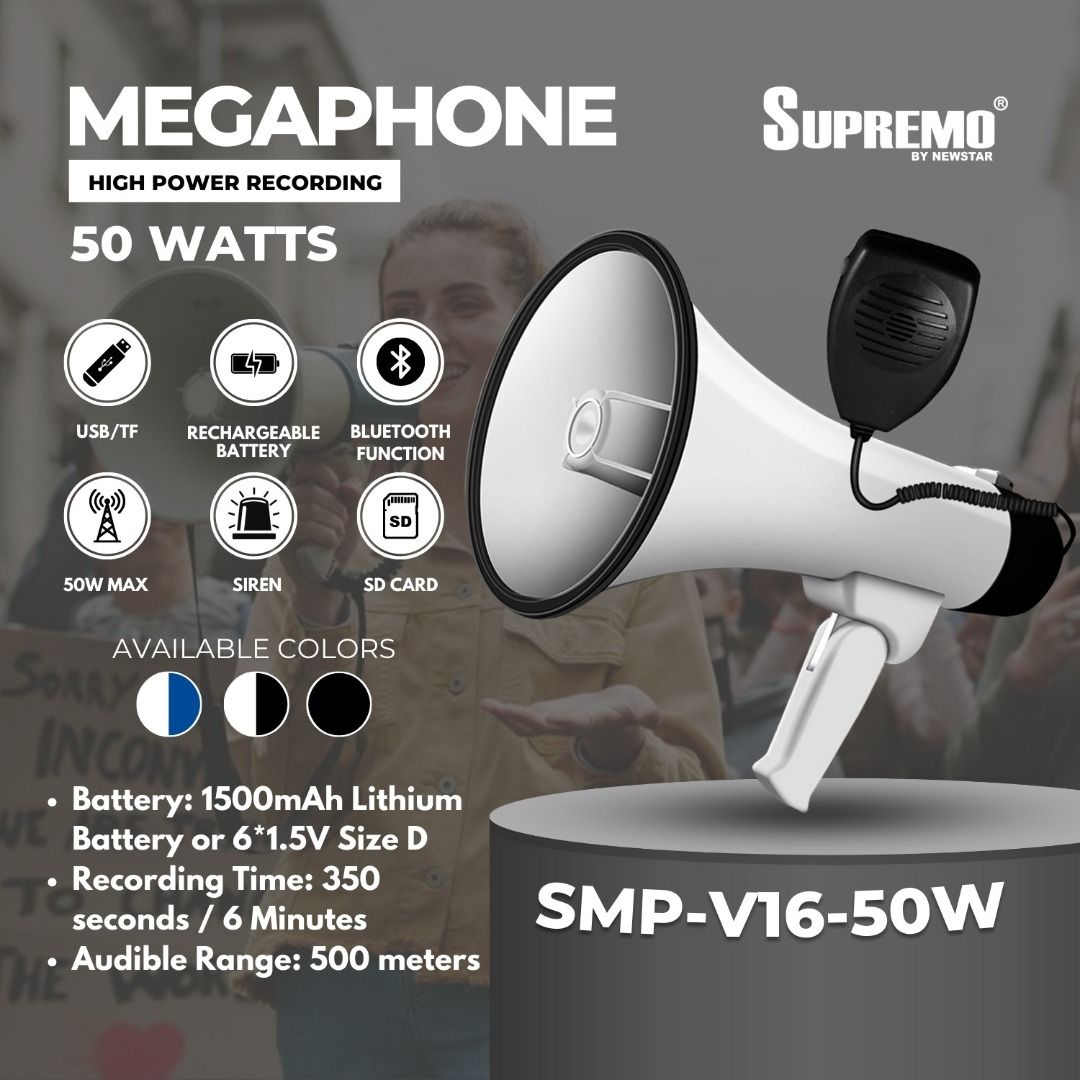 Supremo Handheld Megaphone with Microphone 50Watts (Category: Microphones) located in Manila. Submitted by e2s_marketing (Listing ID 1414502460, Image 2). Description: SPECIFICATIONS: ◉ Battery: 1500mAh Lithium Battery or 6*1.5V Size D ◉ Recording Time: 350 seconds / 6 Minutes ◉ Audible Range: 500 meters ◉ Material: Imported PP Material ◉ Distortion: ≤ 1% ◉ Power: 50 Watts ◉ Handheld Megaphone ◉ With Microphone ◉ Loud Voice ◉ Eco Friendly ◉ Good 