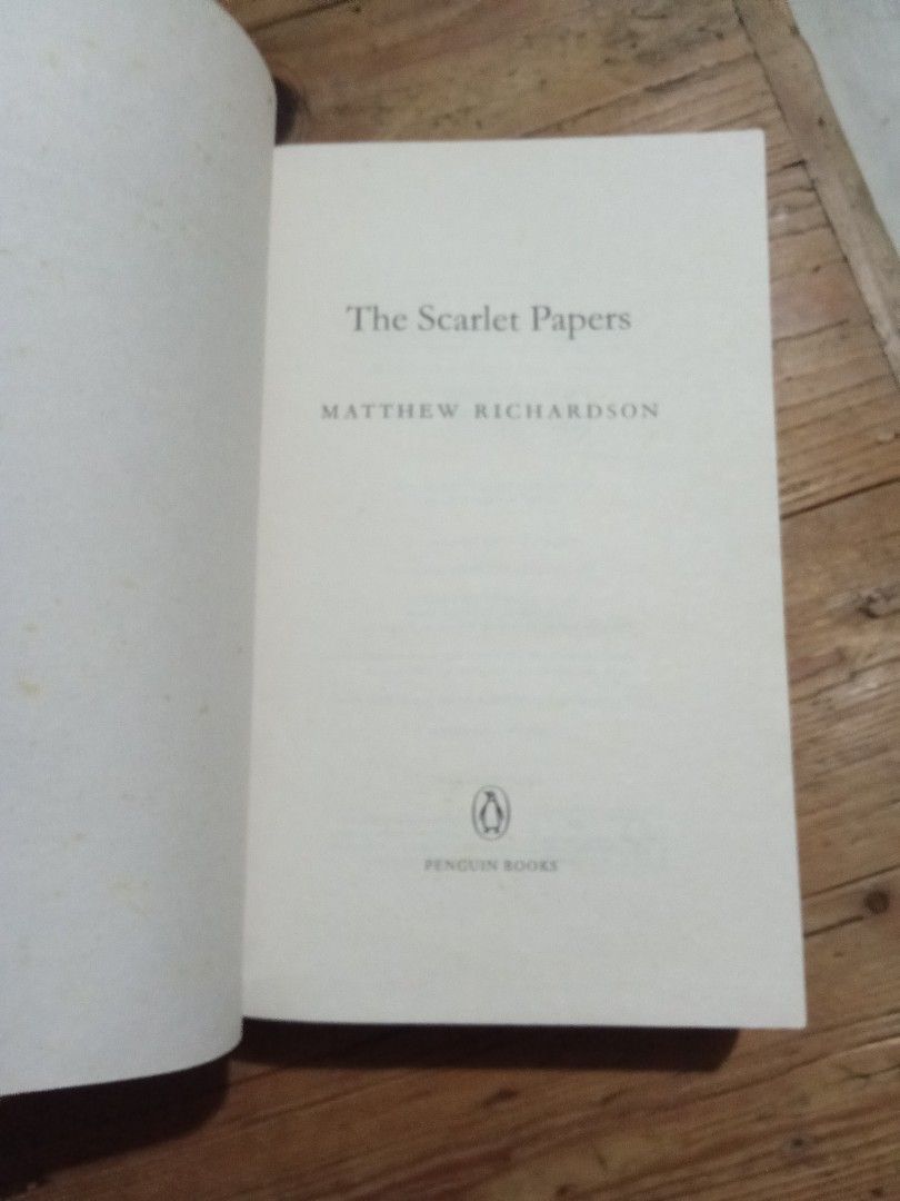 The Scarlet Papers by Matthew Richardson (Category: Storybooks) located in Pasig City. Submitted by teebeedeee (Listing ID 1414552836, Image 2). Description: - The Scarlet Papers by Matthew Richardson - Spy novel - Paperback edition - Setting: Modern-day London - Features quotes from Peter James, Charles Cumming, and the Sunday Times preowned authentic softcover copy complete pages plastic covered.pages have slightly yellowed due to storage and n